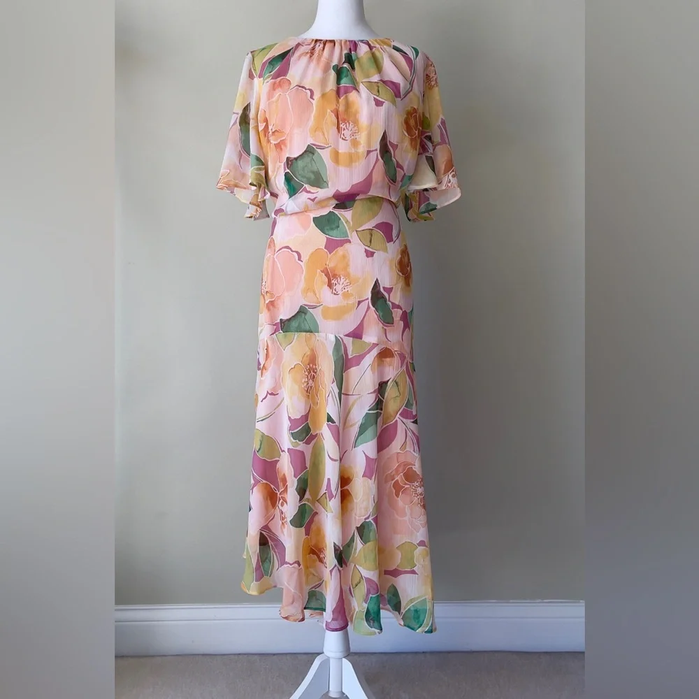 Maggy London Floral Asymmetric Hem Short Flutter Sleeve Midi Dress NWT Size 14W - Picture 4 of 9